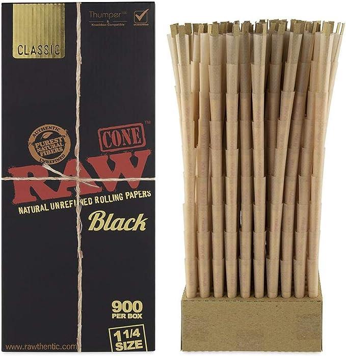 RAW Classic Black Prerolled Cones Bulk - 900 Count 1 1/4 Size Natural Classic Unrefined Rolling Papers - Pre-Roll Cones - Filter Tips - Natural Brown Unbleached Unrefined Rolling Papers